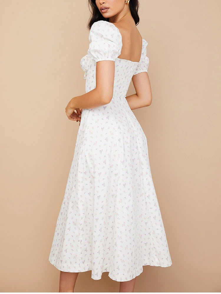Floral Print Dress Sweet Square Neck Puff