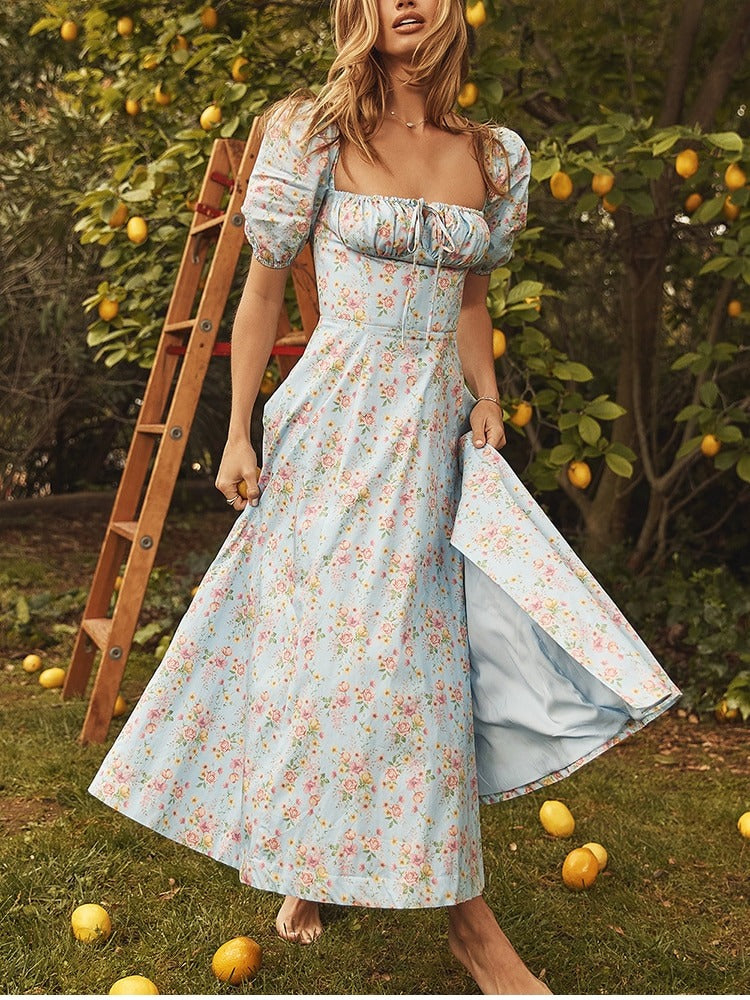 Floral Print Dress Sweet Square Neck Puff