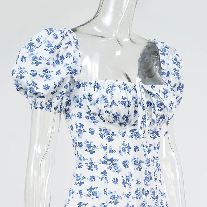 Floral Print Dress Sweet Square Neck Puff