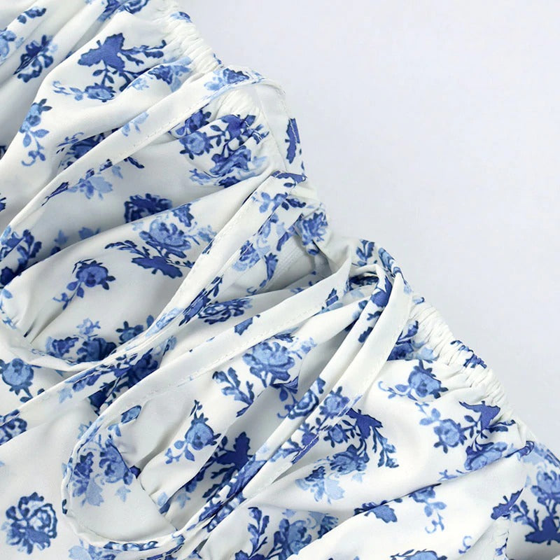 Floral Print Dress Sweet Square Neck Puff