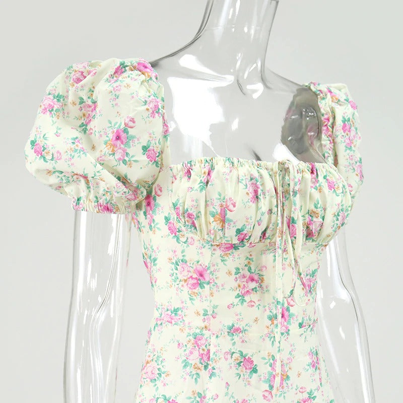 Floral Print Dress Sweet Square Neck Puff
