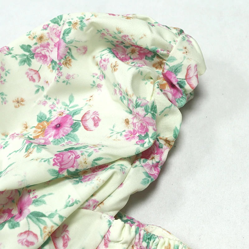 Floral Print Dress Sweet Square Neck Puff