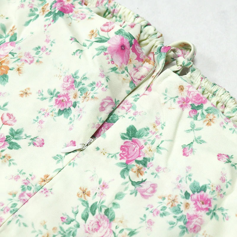 Floral Print Dress Sweet Square Neck Puff