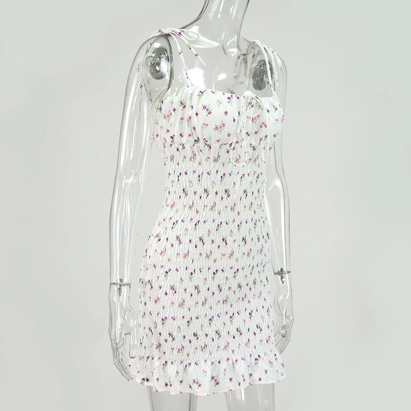 NewAsia White Floral Shirred Mini Dress