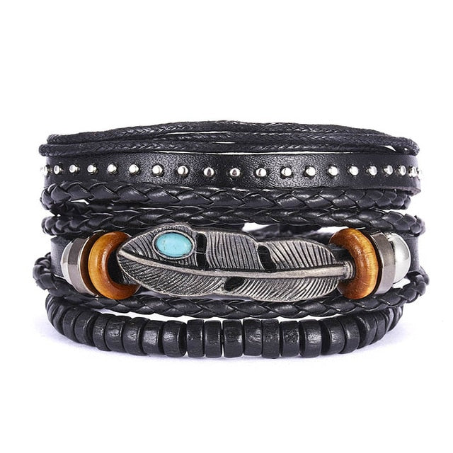 Men Bracelets Vintage Multilayer Leather Braid