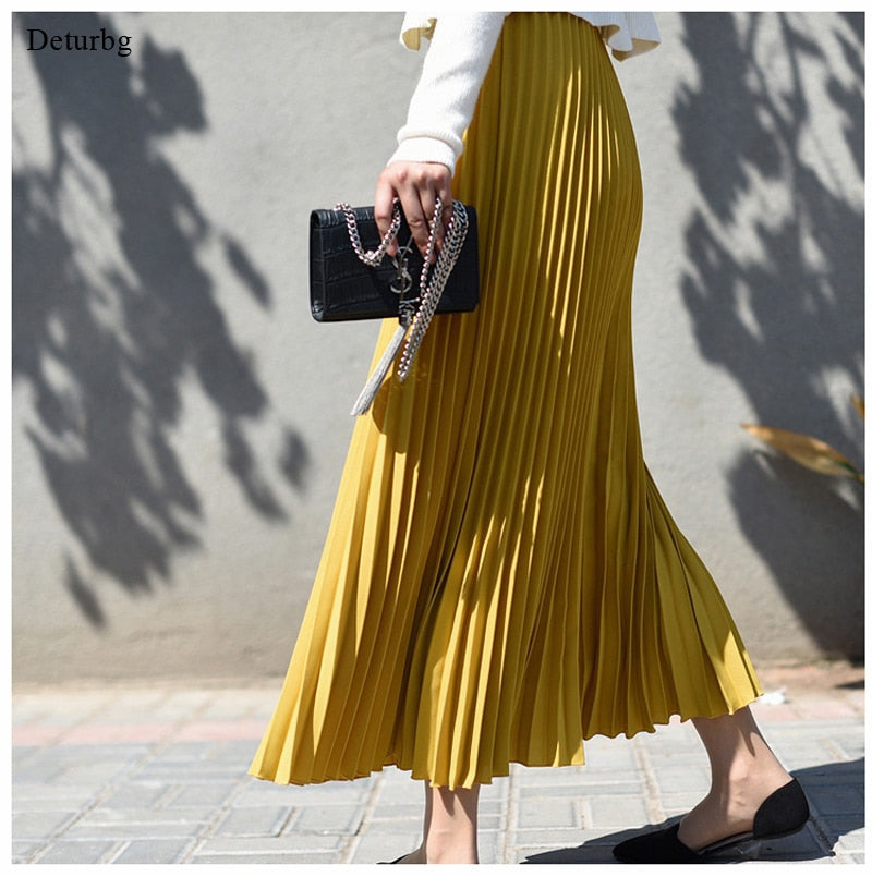 Womens Vintage Pleated Midi Long Skirt