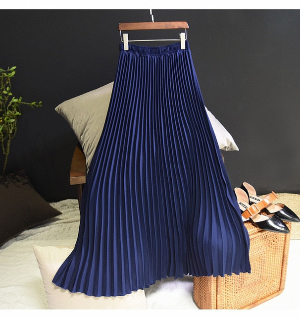 Womens Vintage Pleated Midi Long Skirt