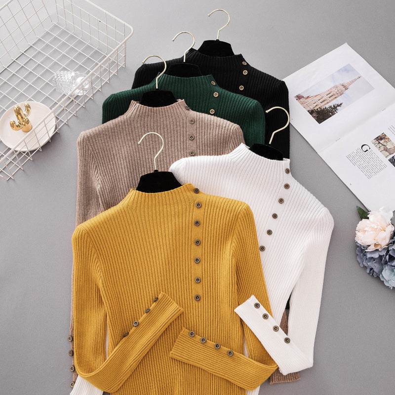 New Fashion Button Turtleneck Sweater Women