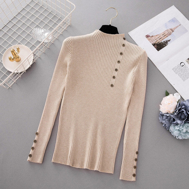 New Fashion Button Turtleneck Sweater Women