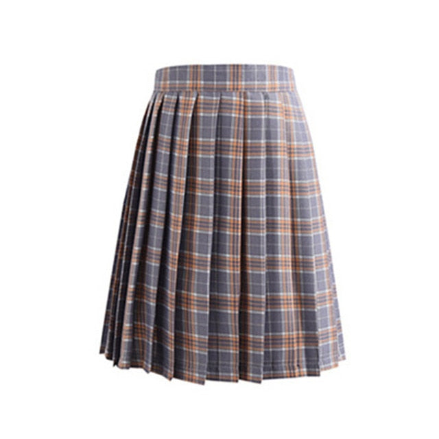 Women Summer high waist pleated plaid skirt