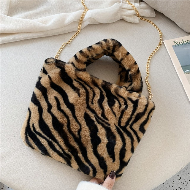 Leopard chain large plush winter handbag