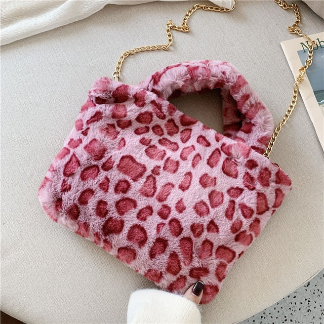 Leopard chain large plush winter handbag