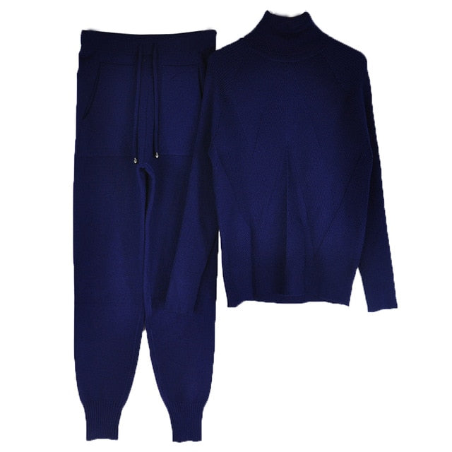 Tracksuit Solid Color Striped Turtleneck Sweater and Elastic Trousers