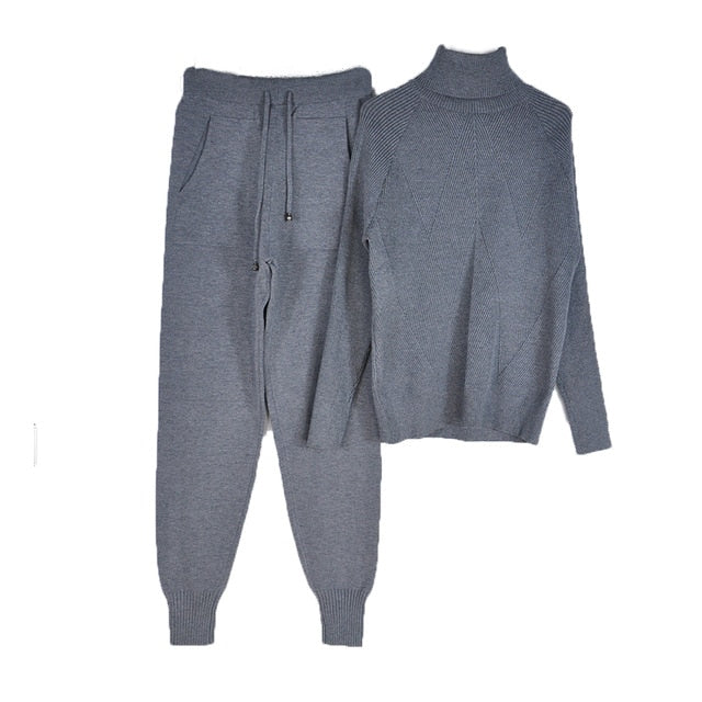 Tracksuit Solid Color Striped Turtleneck Sweater and Elastic Trousers