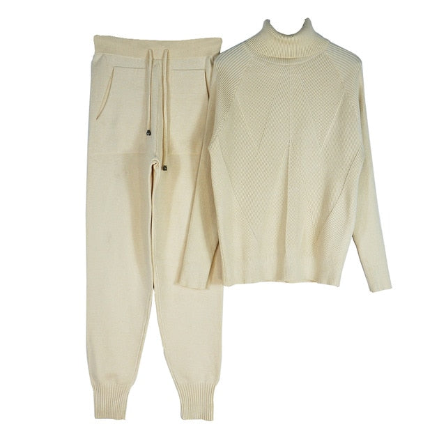Tracksuit Solid Color Striped Turtleneck Sweater and Elastic Trousers
