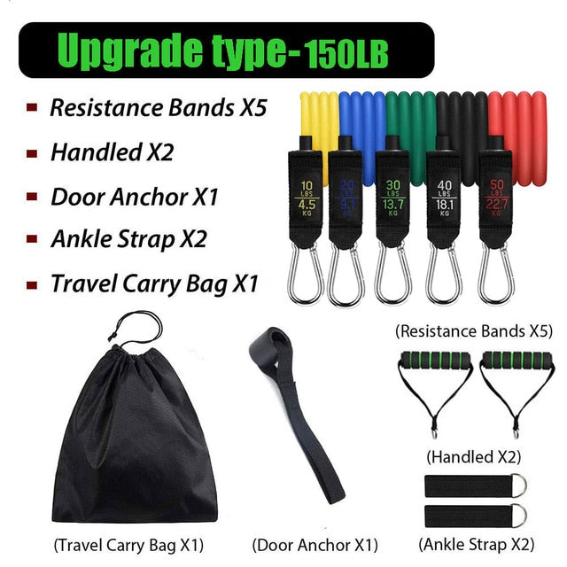 150LB 11 PCS Latex Resistance Bands, with Bag
