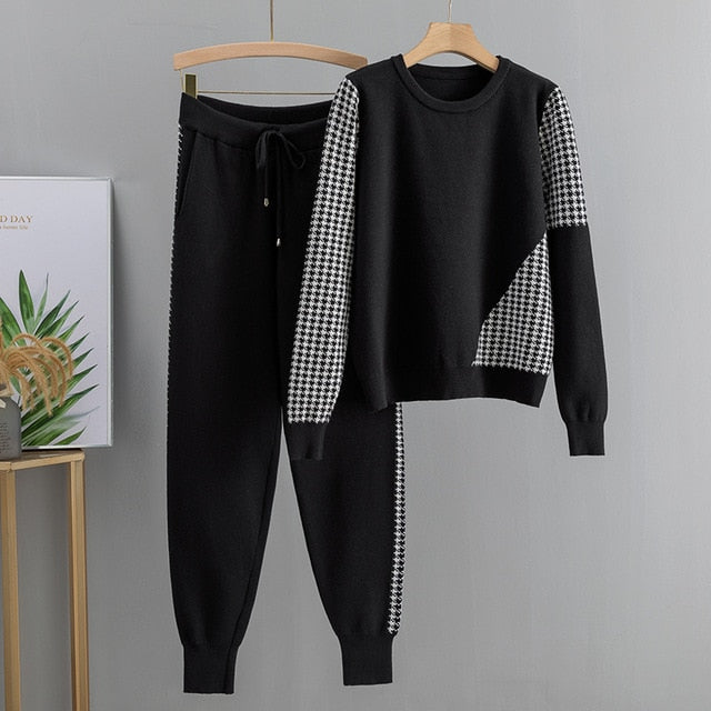 Neck Pullover + Knitted Long Harem Pants  Tracksuits