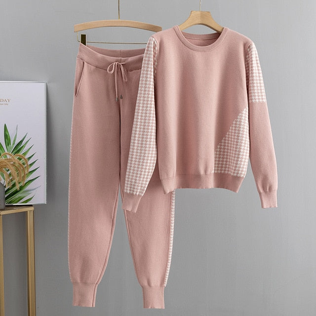 Neck Pullover + Knitted Long Harem Pants  Tracksuits