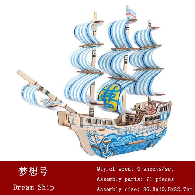3D Wooden Ship Jigsaw Toys Learning Building Robot Model DIY Sailing Boat