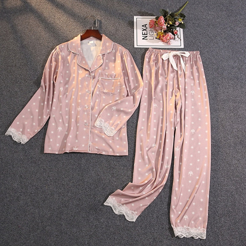 Ice Silk Satin Thin Outwear Print Lace Pyjamas Sleep Wear Lounge Set