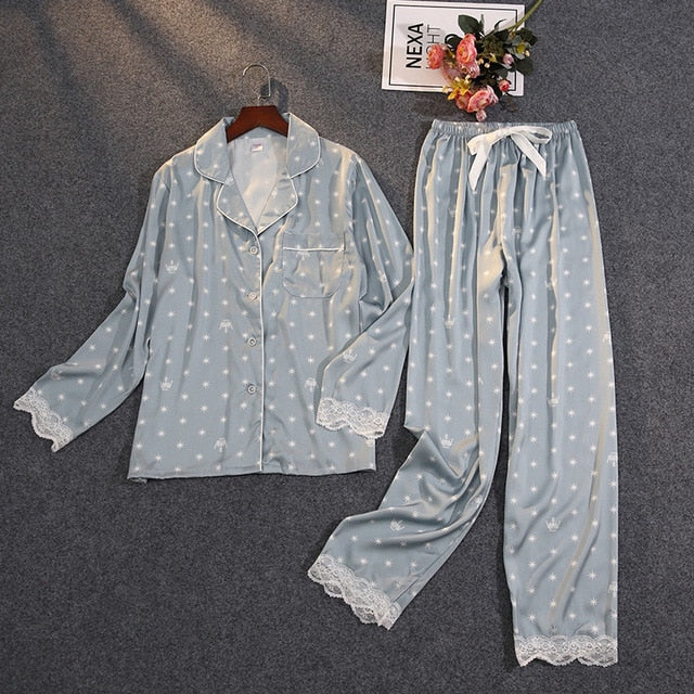 Ice Silk Satin Thin Outwear Print Lace Pyjamas Sleep Wear Lounge Set