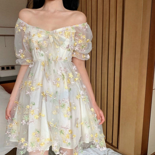 Sexy Puff Sleeve Lace Chiffon Print Mini Dress
