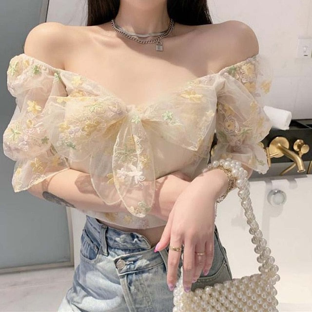 Sexy Puff Sleeve Lace Chiffon Print Mini Dress