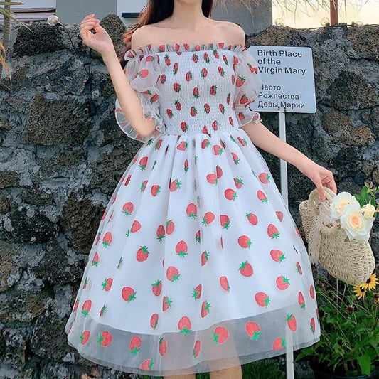 Strawberry Dress Women French Style Lace Chiffon Sweet Dress