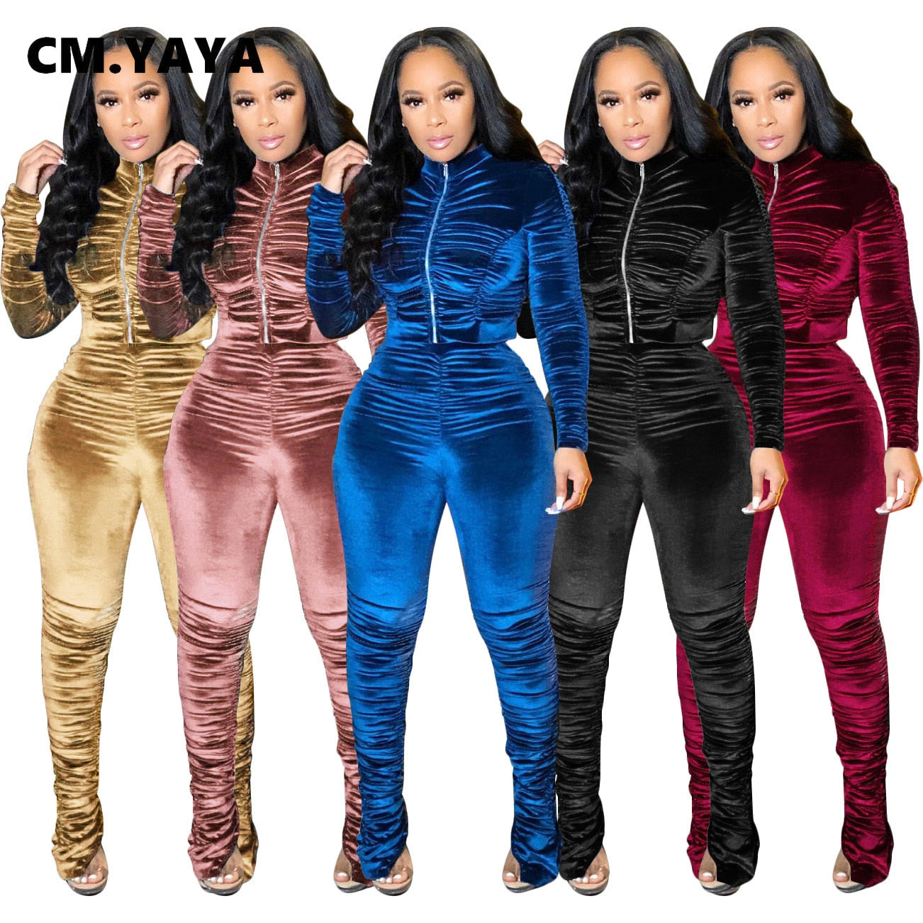 Active Velvet Stacked Sweatsuit  Zipper Jacket Pants Tracksuit