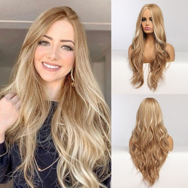 Blonde Brown Long Wig Middle Part Hair Wig