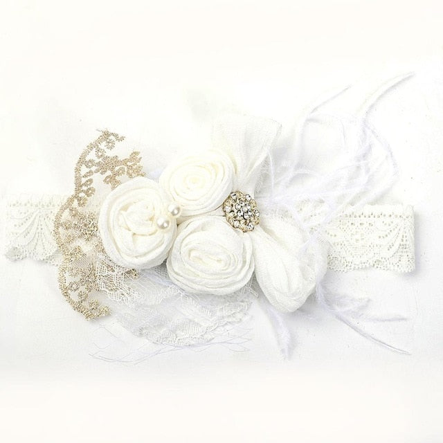 Satin Flower Feather Baby Headband White Lace