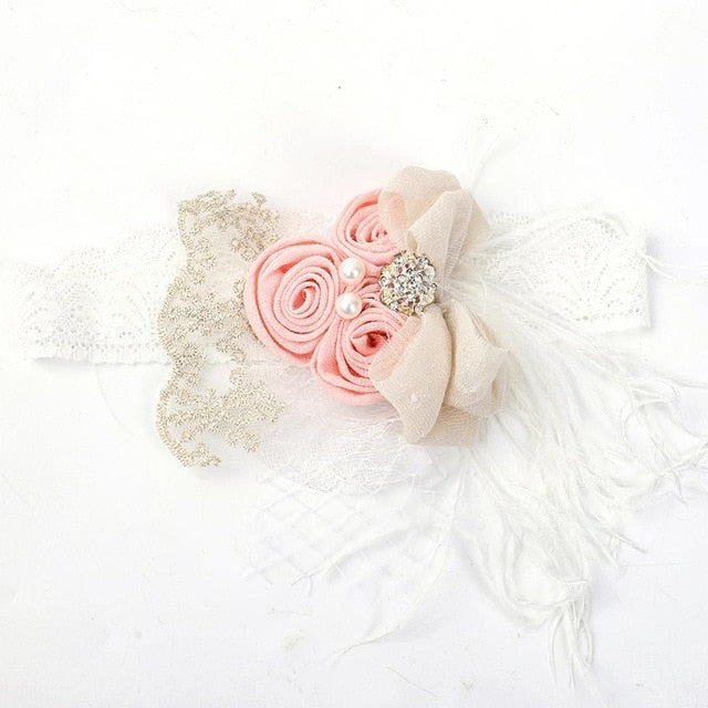 Satin Flower Feather Baby Headband White Lace