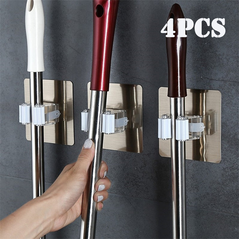 2/4pcs Adhesive Multi-Purpose Hooks Wall Mounted Mop Organizer