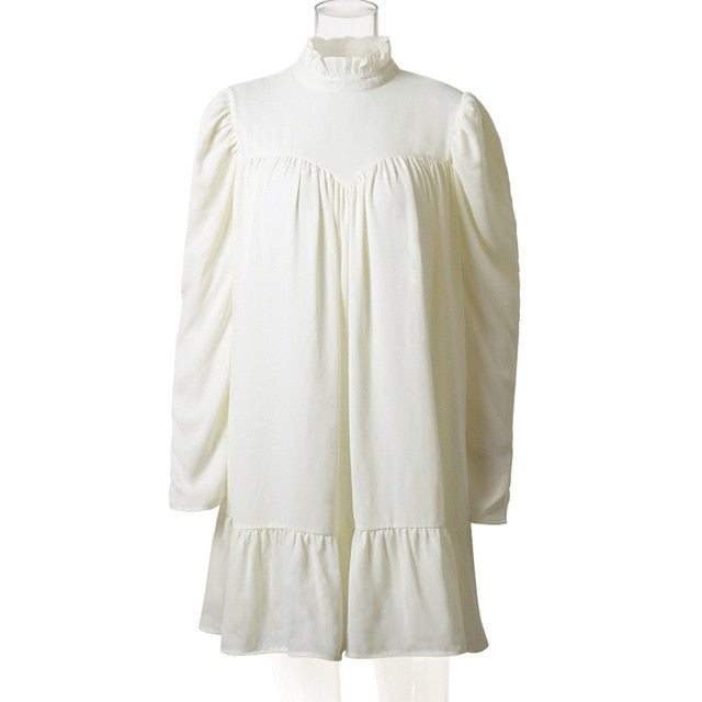 Puff Sleeve Turtleneck Ruffles A-Line plus size Chiffon Dresses