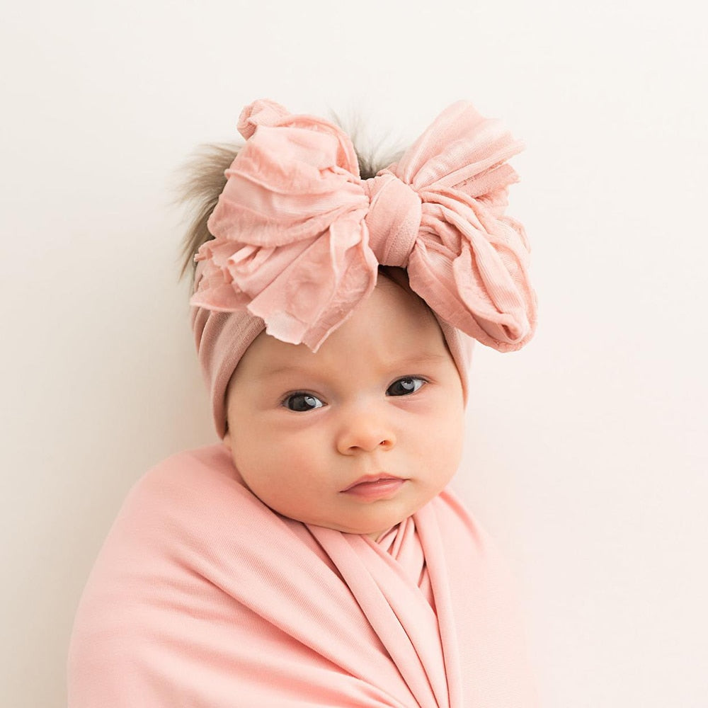 Big Ruffle Bow Nylon Headband Baby Turban