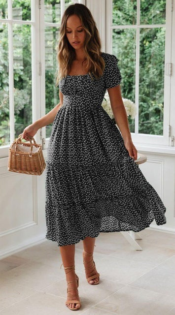 Vintage Print Puff Sleeve Casual Square