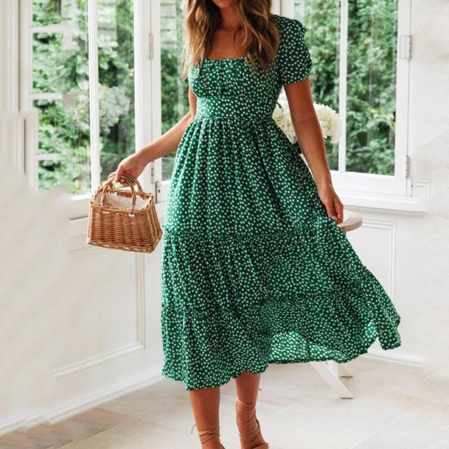 Vintage Print Puff Sleeve Casual Square