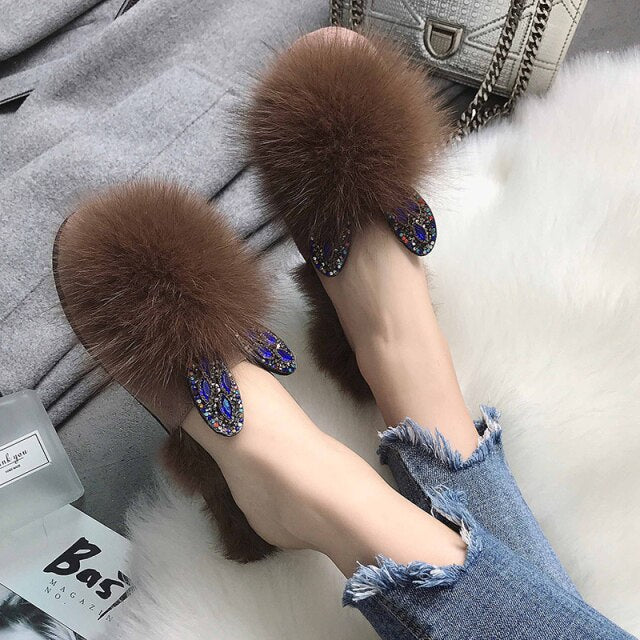 Multicolor Crystal bunny ears fur slippers women mules winter plush shoes women flat pantuflas lovely cover toe furry slides2020