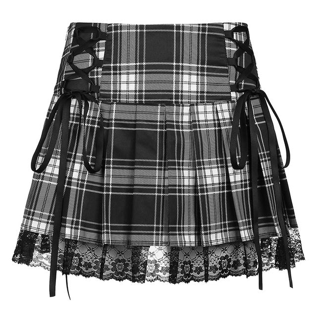 Lace Up Goth Stripe Plaid Skirt