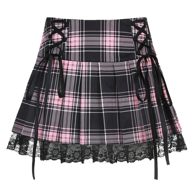 Lace Up Goth Stripe Plaid Skirt