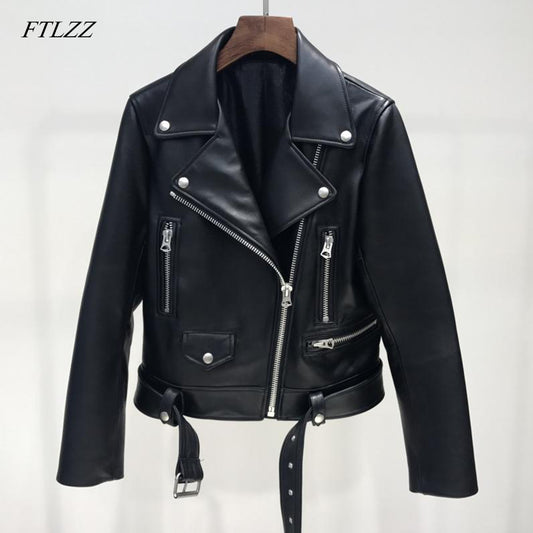 Women Pu Leather Jacket Zipper Belt