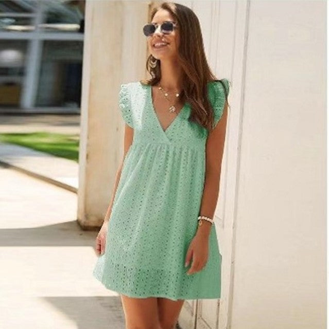 Hollow Out Mini Dress Sexy V Neck Lace Short Ruffle