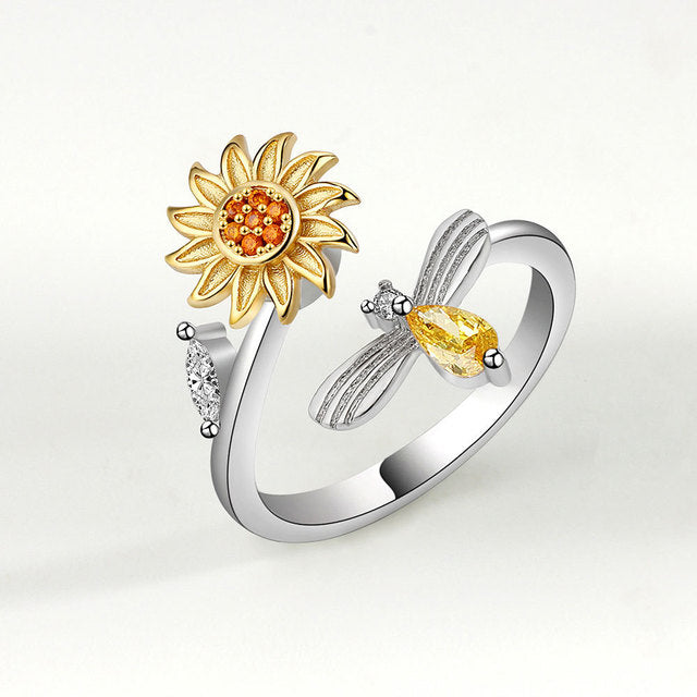 Spinning Sunflower Bee Anxiety Ring For Women