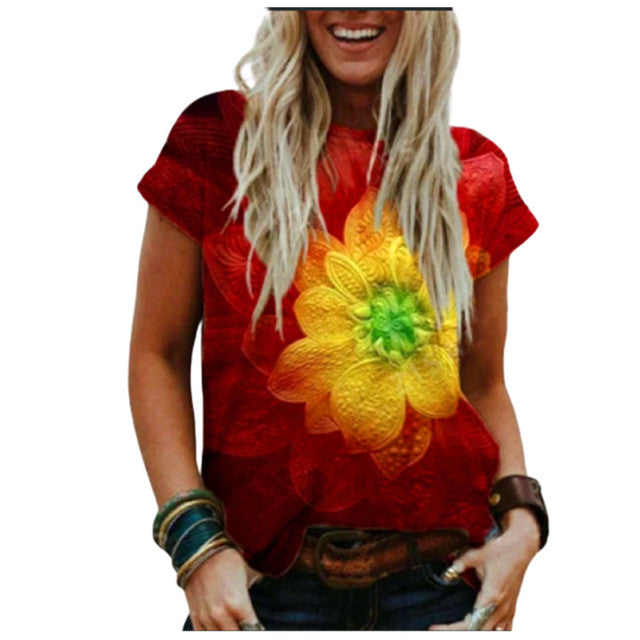 Floral Print Women T Shirt Summer Short Sleeve