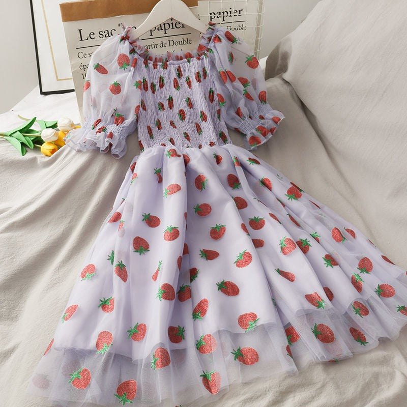 Strawberry Dress Women French Style Lace Chiffon Sweet Dress